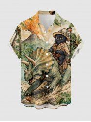 Chemise hawaïenne à boutons avec poche pour homme, imprimé chat, dinosaure, cocotier et volcan -  S