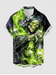 Chemise boutonnée avec poche pour homme à imprimé Faucheuse, crânes et flammes d'Halloween - Vert Jaune S