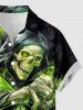 Chemise boutonnée avec poche pour homme à imprimé Faucheuse, crânes et flammes d'Halloween - Vert Jaune S