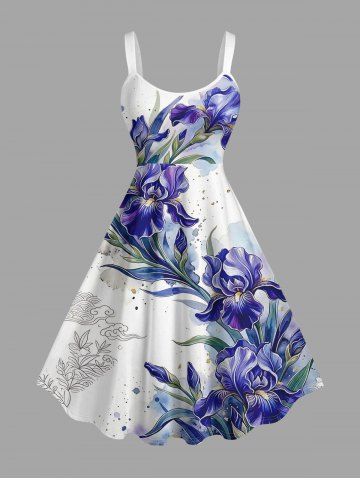 Flowers Leaf Cloud Watercolor Print Hawaii Tank Dress(Adjustable Shoulder Strap)
