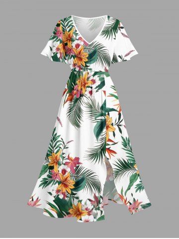 Flowers Tropical Leaf Print Split Hawaii Midi Dress - PLANT GREEN - M