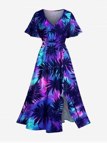 Galaxy Fluid Art Tropical Leaf Print Split Hawaii Midi Dress