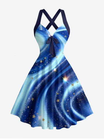 Robe trapèze à col halter et fines bretelles croisées, imprimé Hawaï galaxie Voie lactée à paillettes - DEEP BLUE - L