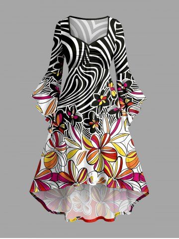 Flower Zebra Striped Print Hawaii Ruched High Low Asymmetric Dress - BLACK - M