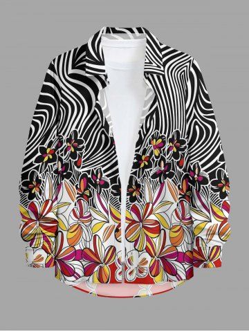 Flower Zebra Striped Print Hawaii Button Long Sleeves Shirt For Men - BLACK - M