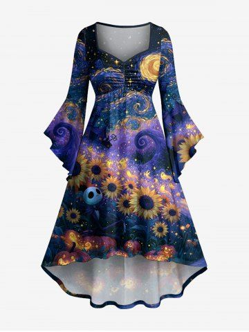 Halloween Pumpkin Skull Sunflower Galaxy Print Ruched Flare Sleeves High Low Dress - PURPLE - S