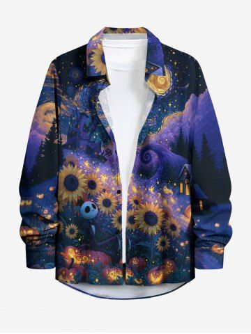 Chemise à manches longues pour homme avec boutons, imprimé Halloween citrouille, crâne, tournesol et galaxie - PURPLE - L