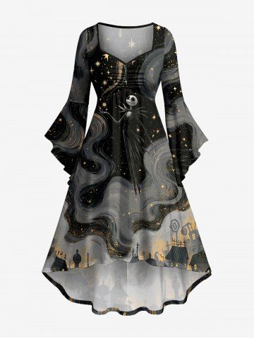 Galaxy Fantasy Town Skull Elf Print Hawaii Ruched High Low Asymmetric Dress - BLACK - M