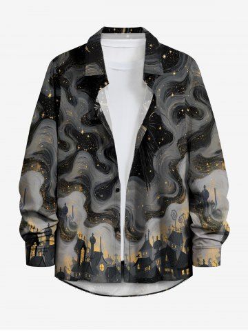Chemise hawaïenne boutonnée à manches longues pour homme avec imprimé Galaxy Fantasy Town - BLACK - XL