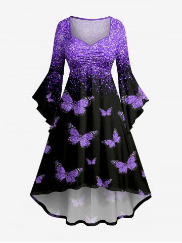 Butterfly Galaxy Print Hawaii Ruched High Low Asymmetric Dress - PURPLE - 6X
