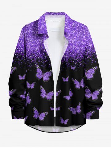 Butterfly Galaxy Print Hawaii Button Long Sleeves Shirt For Men - PURPLE - M