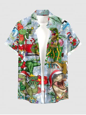 Christmas Tree Santa Claus Hat Dinosaur Print Buttons Pocket Shirt For Men - BLUE GRAY - 6XL