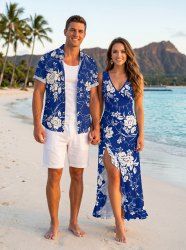 Tenue de plage hawaïenne assortie pour couples, imprimé fleurs et feuilles - Bleu profond 