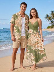 Tenue de plage hawaïenne assortie pour couple à imprimé fleurs et feuilles tropicales - Olive Verte 