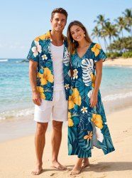 Hibiscus Flowers Tropical Leaf Print Matching Hawaii Beach Outfit For Couples -  