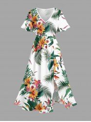 Flowers Tropical Leaf Print Split Hawaii Midi Dress -  