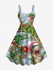 Christmas Tree Santa Claus Hat Dinosaur Print Tank Dress(Adjustable Shoulder Strap) -  