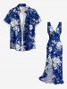 Tenue de plage hawaïenne assortie pour couples, imprimé fleurs et feuilles - Bleu profond 