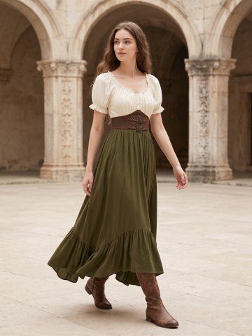 Ruched Ruffles Buckle Grommets Asymmetric Midi Dress - ARMY GREEN - XXL
