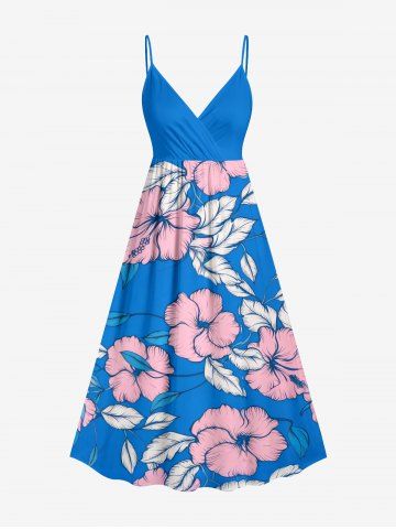 Robe trapèze cache-cœur à imprimé feuilles tropicales et fleurs d'hibiscus Hawaï - LAKE BLUE - 6X