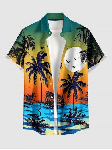 Coconut Tree Sea Ombre Sunset Dusk Print Hawaii Button Pocket Shirt For Men - DARK TURQUOISE - 5XL