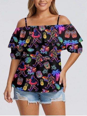 Blouse à épaules dénudées à volants et imprimé Hawaï, motif masque ethnique de gorille, cocotier, fleur d'hibiscus, ananas et tortue - BLACK - 5XL
