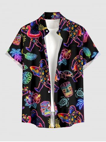 Gorilla Ethnic Mask Coconut Tree Hibiscus Flower Pineapple Turtle Print Hawaii Button Pocket Shirt For Men - BLACK - 5XL