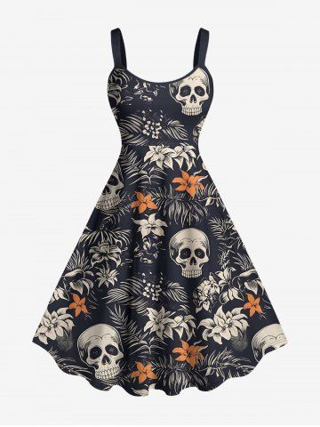 Robe Hawaïenne trapèze imprimé crânes, feuilles tropicales et fleurs - BLACK - 6X