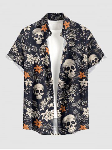 Skulls Tropical Leaf Flower Print Hawaii Button Pocket Shirt For Men - BLACK - 5XL