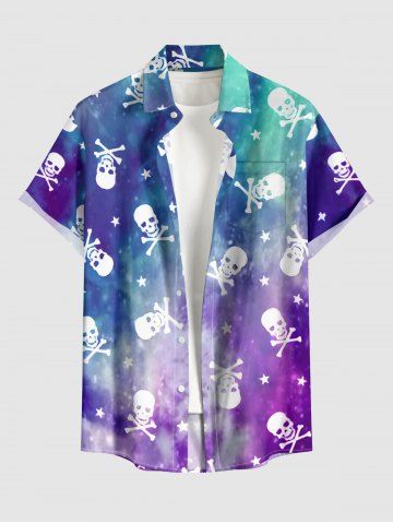 Ombre Galaxy Skulls Bone Print Button Pocket Shirt For Men - PURPLE - 6XL
