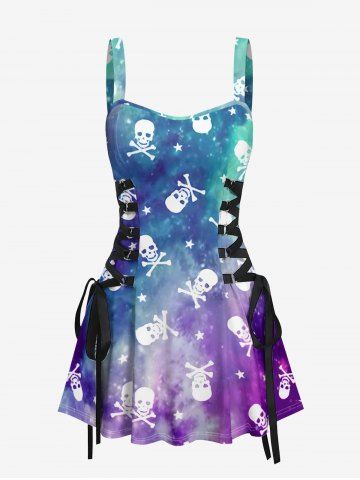 Ombre Galaxy Skulls Bone Print Lace Up A Line Dress - PURPLE - M