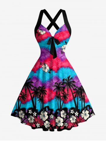 Coconut Tree Tropical Leaf Hibiscus Flower Tie Dye Ombre Print Hawaii Halter Crisscross A Line Dress - RED - S