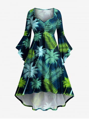 Coconut Tree Tropical Leaf Print Hawaii Ruched High Low Asymmetric Dress - DARK TURQUOISE - S
