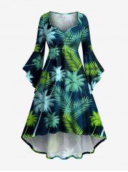 Robe Hawaï asymétrique haute-basse froncée à imprimé feuilles tropicales et cocotiers - Turquoise Foncée 2X