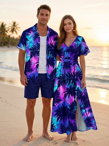Galaxy Fluid Art Tropical Leaf Print Matching Hawaii Beach Outfit For Couples - DEEP BLUE