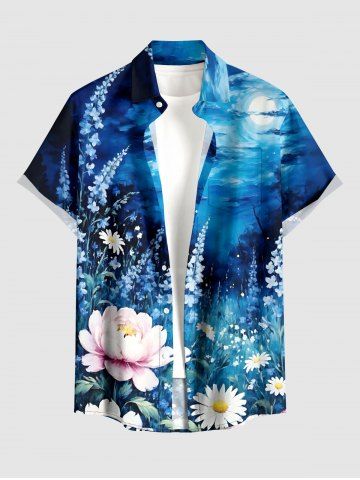 Flower Plant Galaxy Print Hawaii Button Pocket Shirt For Men - BLUE - M