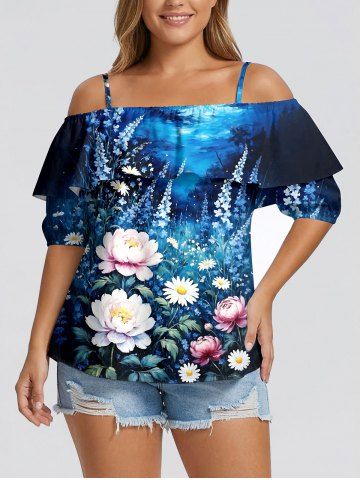 Blouse à épaules dénudées à volants Hawaï, imprimé fleurs, plantes et galaxie - BLUE - S
