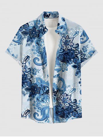 Flower Paisley Print Hawaii Button Pocket Shirt For Men - LIGHT BLUE - 4XL