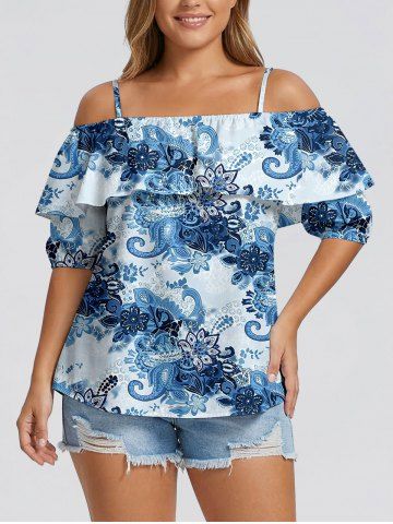 Blouse à épaules dénudées et volants Hawaii à imprimé fleurs paisley - LIGHT BLUE - 5XL