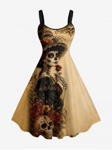 Robe trapèze femme pour Halloween à imprimé fleurs, crâne et squelette - TAN - 2X