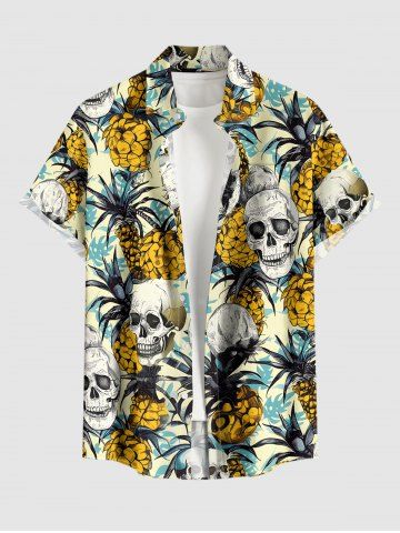 Skull Pineapple Print Buttons Pocket Hawaii Shirt For Men - YELLOW - L