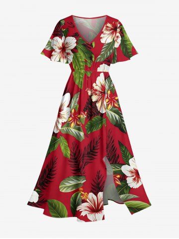 Robe midi hawaïenne fendue à imprimé fleurs et feuilles d'hibiscus - RED - M