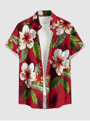 Hibiscus Flower Leaf Print Buttons Pocket Hawaii Shirt For Men - RED - 2XL