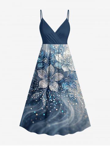 Robe caraco hawaïenne à encolure croisée, imprimé 3D fleurs et sequins scintillants - DEEP BLUE - 2X
