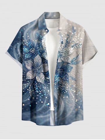 Flower Sparkling Sequin 3D Print Buttons Pocket Hawaii Shirt For Men - DEEP BLUE - 5XL
