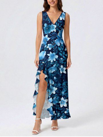 Flowers Leaf Print Hawaii Ruffles Split Surplice Dress - PEACOCK BLUE - XS
