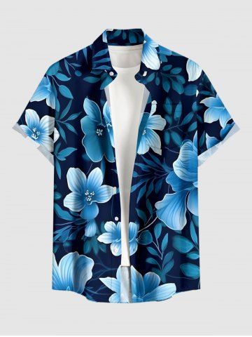 Flowers Leaf Print Buttons Pocket Hawaii Shirt For Men - PEACOCK BLUE - 5XL