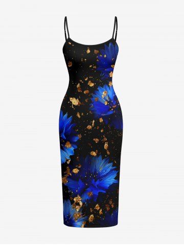 Robe ajustée Hawaï imprimée 3D avec fleurs et sequins scintillants - BLACK - M