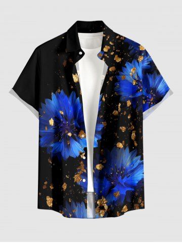 Flowers Sparkling Sequin 3D Print Buttons Pocket Hawaii Shirt For Men - BLACK - S