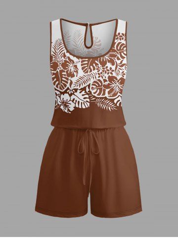 Combishort Hawaï à imprimé ethnique de feuilles tropicales et fleurs d'hibiscus, cordon de serrage et poches